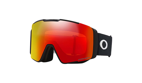 Black frame Oakley ski goggles with a red torch lens.